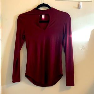 Burgundy mock neck top with chest cut out